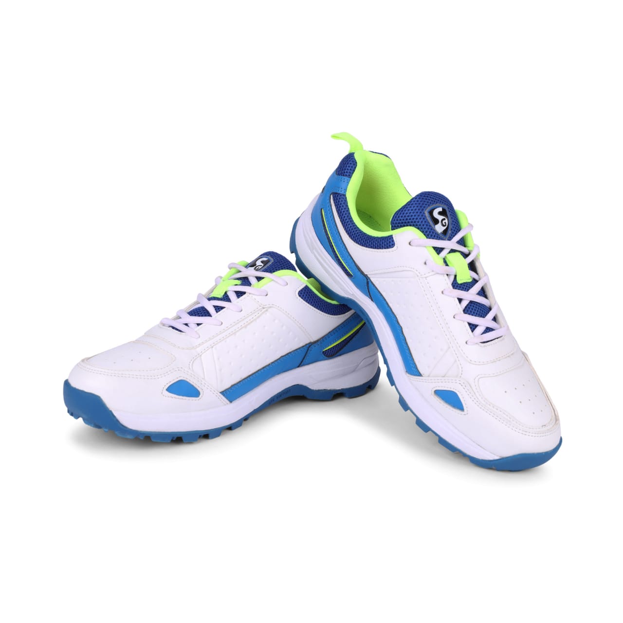 SG CLUB 6.0 Cricket Shoe: Classic White With Royal Blue And Lime Accents